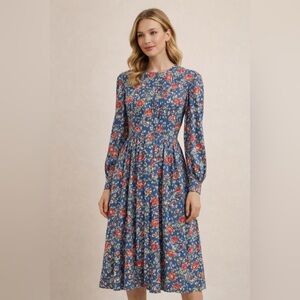 Leslie Fay Blue Floral Long Sleeve Midi Dress | Vintage Cottagecore